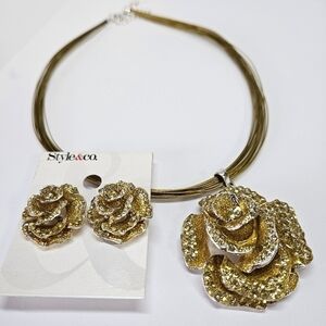 NEW Style & Co. Gold-Tone Retro Rhinestone Rose Flower Necklace & Clip Earrings